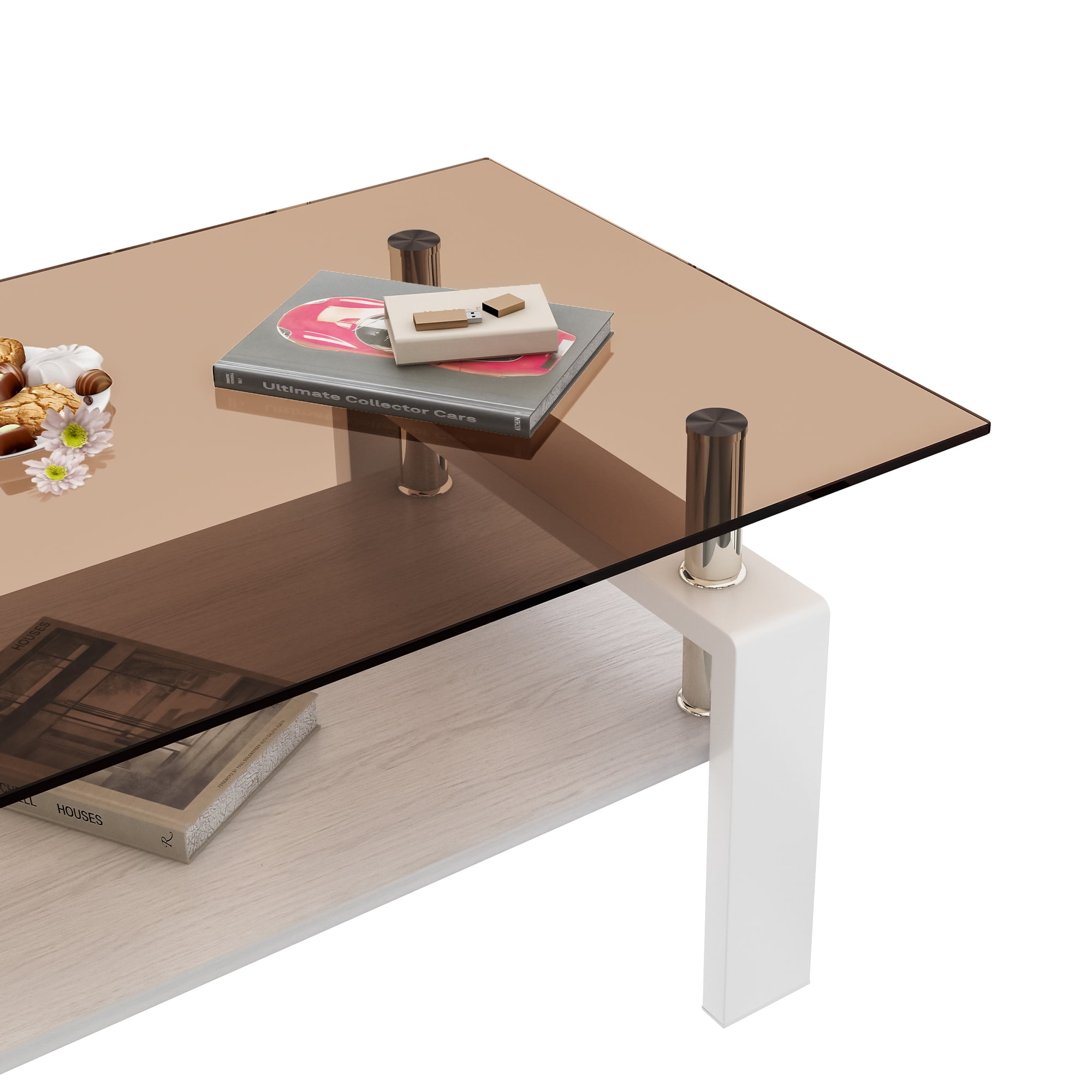 MAYEERTY Rectangle Coffee Table with Brown Tempered Glass & MDF Shelf