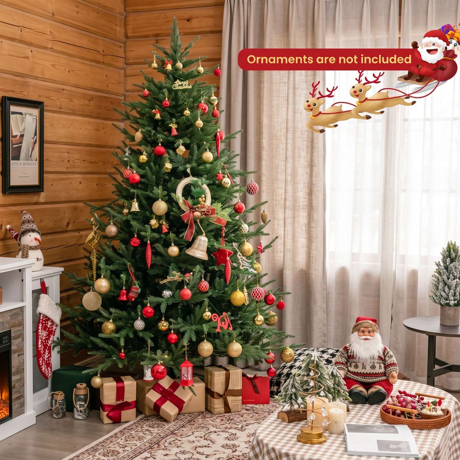 RUIE 7 ft Pre-Lit Artificial Christmas Tree with 380 Warm White LED Lights, 8 Lighting Modes, 1130 Branch Tips, PE PVC Hinged Full Spruce Xmas Tree with Metal, Green