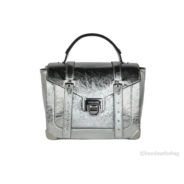 Michael Kors Manhattan Medium Silver Leather Top Handle School Satchel  Handbag 
