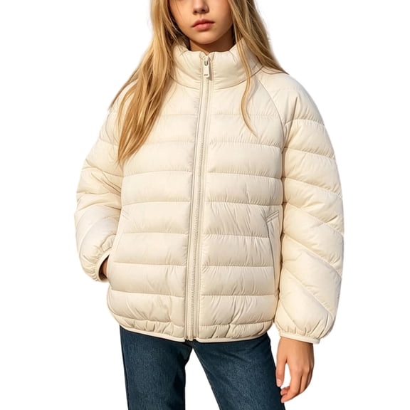 Fnooota Girls Puffer Jackets Size 10-12, Stand-up Collar Long Sleeve Warm Zip up Kids Winter Outerwear Beige