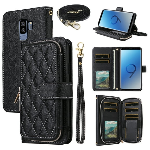 Dswteny Argyle Wallet Case for Samsung Galaxy S9 Plus with Wrist Strap Shoulder Strap,Zipper Flip Credit Card Holder Stand Accessories Cell Phone Cover for S9  9S 9  S 9 9plus S9plus Girls Black