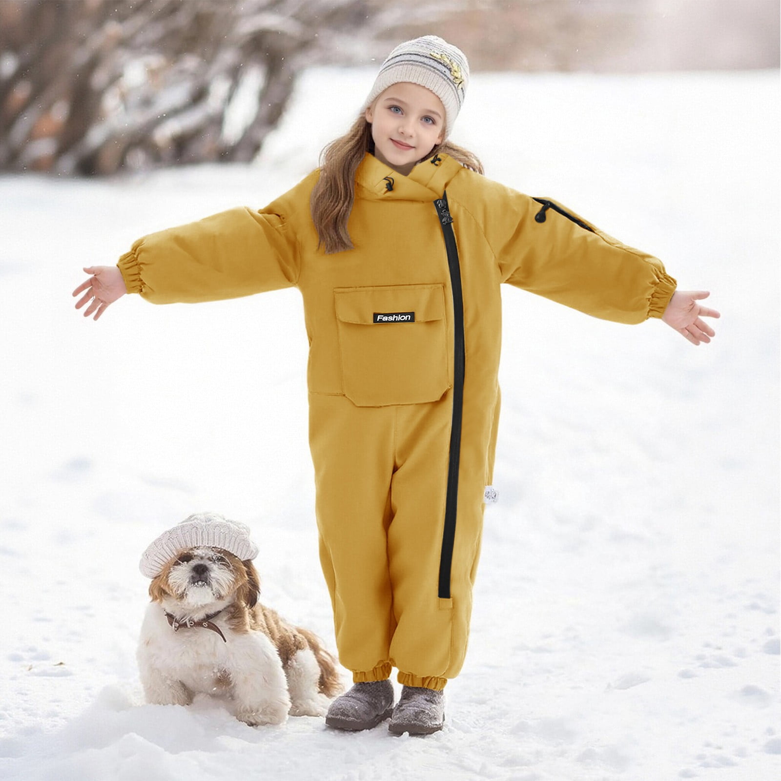 KAUOD Boys Girls One Piece Snowsuits Fleece-Lined Hooded Insulated Ski Jumpsuits Front Pockets Side Zipper Snowboard Suits
