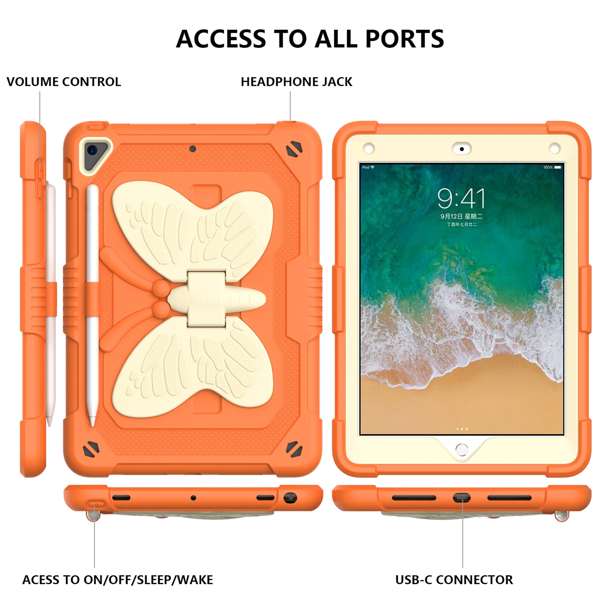 Dteck for iPad 6th 5th Generation Case with Kickstand Butterfly Wings Pencil Holder, Heavy Duty Hard Rugged Protective Cover Kids Girls for 9.7 inch iPad 6th/5th Gen/Air 2,Orange + Beige