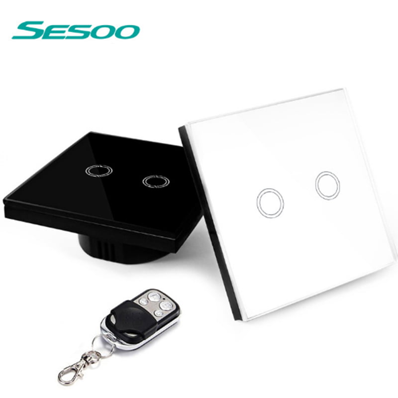 SESOO Remote Wall Touch Control Switches 2 Gang 1Way Crystal Glass LED Indicator 