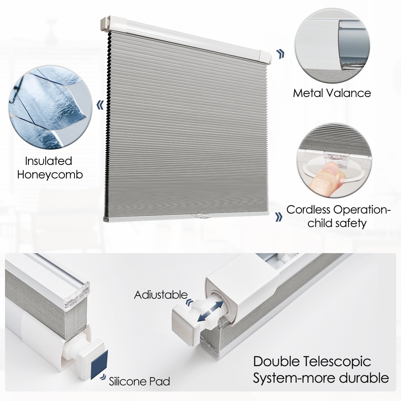 Keego No Drilling Cordless Cellular Shades Honeycomb Window Blinds Easy Installation Heat Insulating Noise Reducing Curtains Blackout Gray, 59.0"w x 54"h