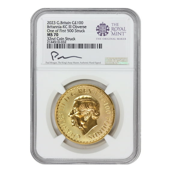 Great Britain 2023 £100 Gold Britannia KCIII NGC MS70 32nd Coin Struck Morgan Label British Royal Mint