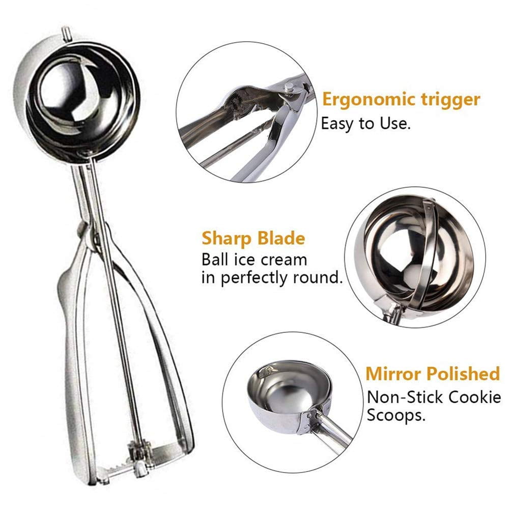 Cookie Scoop Set, Stainless Steel Ice Cream Scoops with Trigger Release,  Include Large-Medium-Small Sizes Balls for Perfect for Cookie, Ice Cream,  Cupcake, Muffin, Meatball 