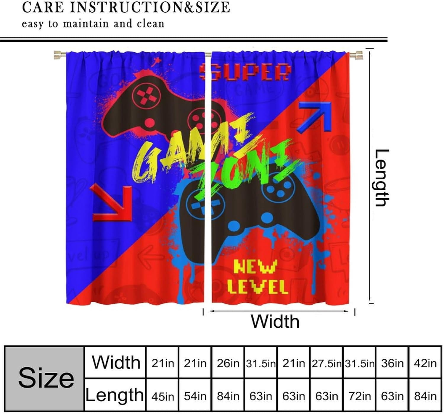 Gaming Gamer Blackout Curtains,Red Blue Patchwork Video Games Controller Gamepad Print Rod Pocket Window Treatments Drapes for Teens Kids Playroom Bedroom 42" W X 54" L
