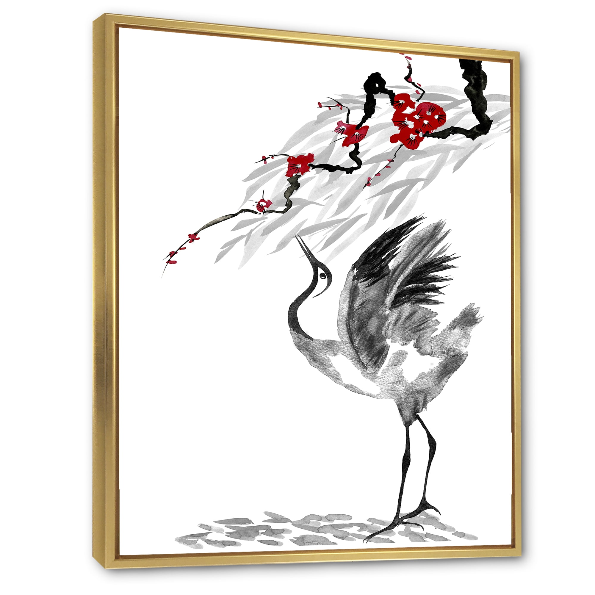Designart 'Red Flowers With Japanese Cranes Bird Drawing' Traditional Framed Canvas Wall Art Print