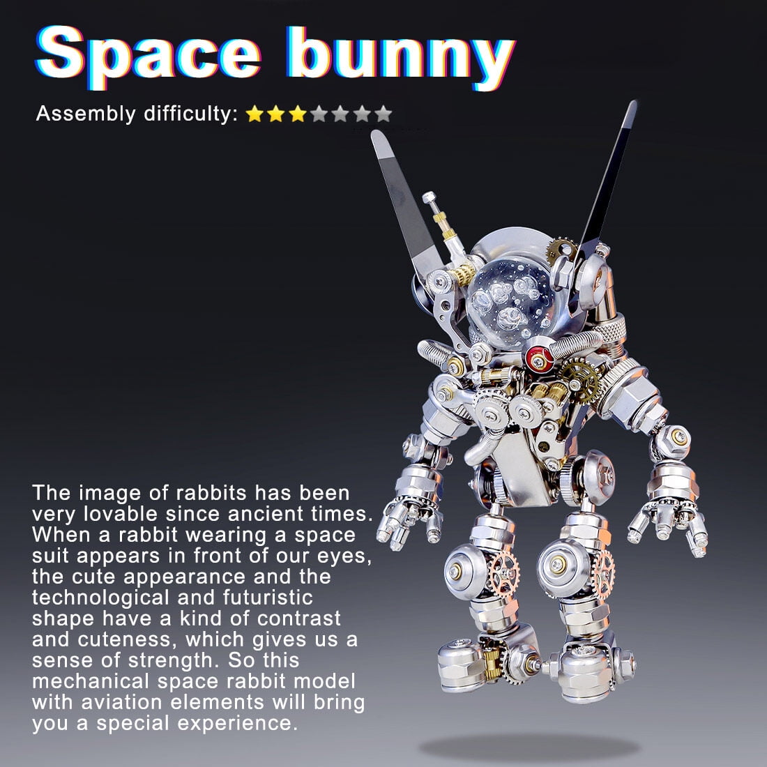 3D Metal Puzzle Model Kit, 500+PCS Metal Mechanical Aerospace Rabbit with LED Lights & Display Stand, Unique Desktop Decor & Creative Gift for Teens & Adults