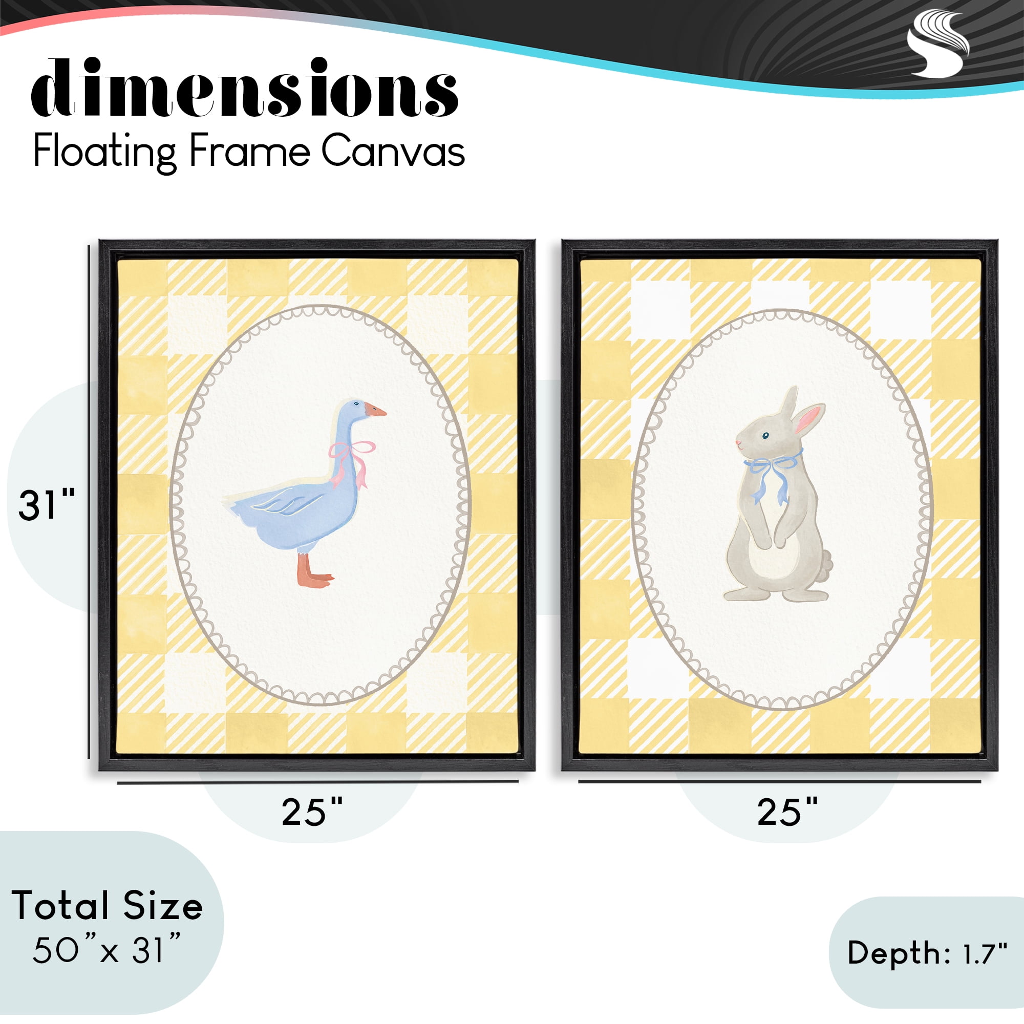 Stupell Industries Goose & Bunny Yellow Gingham 2 Piece Black Framed Floater Canvas Set, design by The Paper Curator