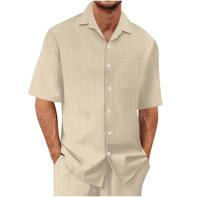 Blusa y camisa de manga corta con cuello vuelto para hombre, conjunto informal de verano a la moda de color liso con manga corta, solapa, cordón y cintura elástica