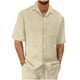 thumbnail image 2 of pstuiky camisetas de hombre, Conjunto informal de verano para hombre, de color liso, de manga corta, con solapa y cordón elástico en la cintura. camisetas de hombre l, 2 of 3