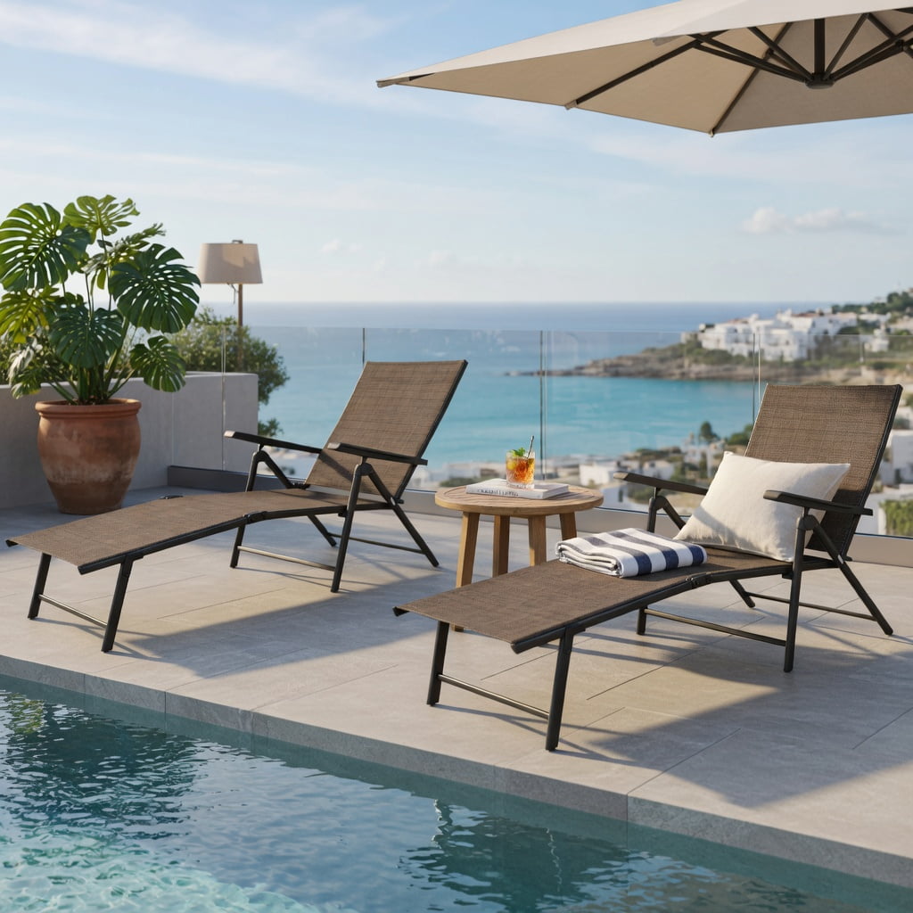 Hommoo Adjustable Outdoor Chaise Lounge Chair, 5-Position Reclining Steel Frame Patio Lounger with Textilene Seat, Tan
