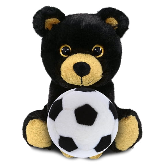 DolliBu Big Eye Black Bear Stuffed Animal with Soccer Ball Plush - Huggable Bear Adorable Playtime Plush Toy, Cute Wildlife Gift, Super Soft Stuffed Doll Animal Toy for Kids, Adults - 6.5 Inches
