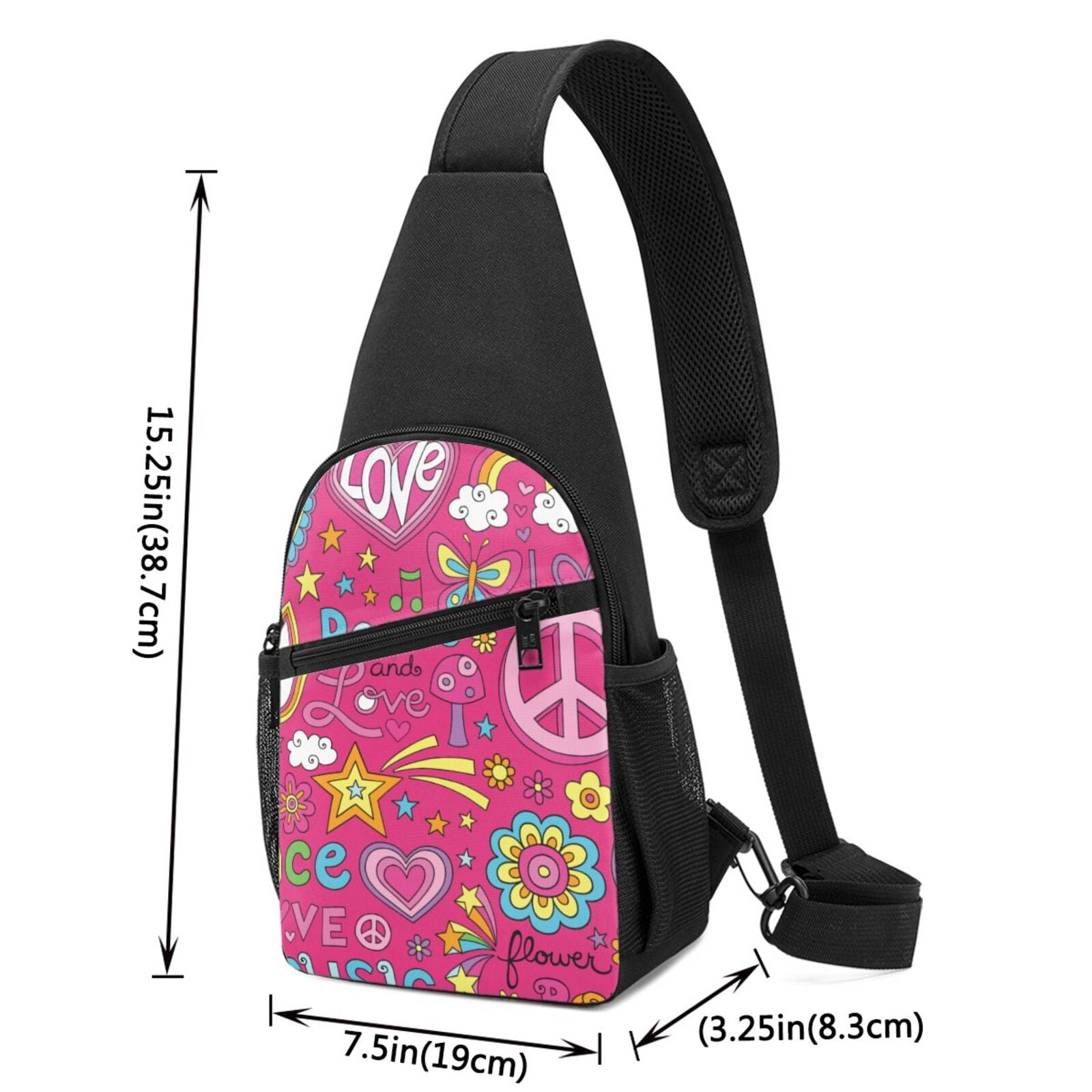Xecao's Peace Love and Dove Flower Power Print Sling Bag: A Versatile Chest, Shoulder, and Crossbody Backpack for Casual Days Out, Perfect for Both Men and Women