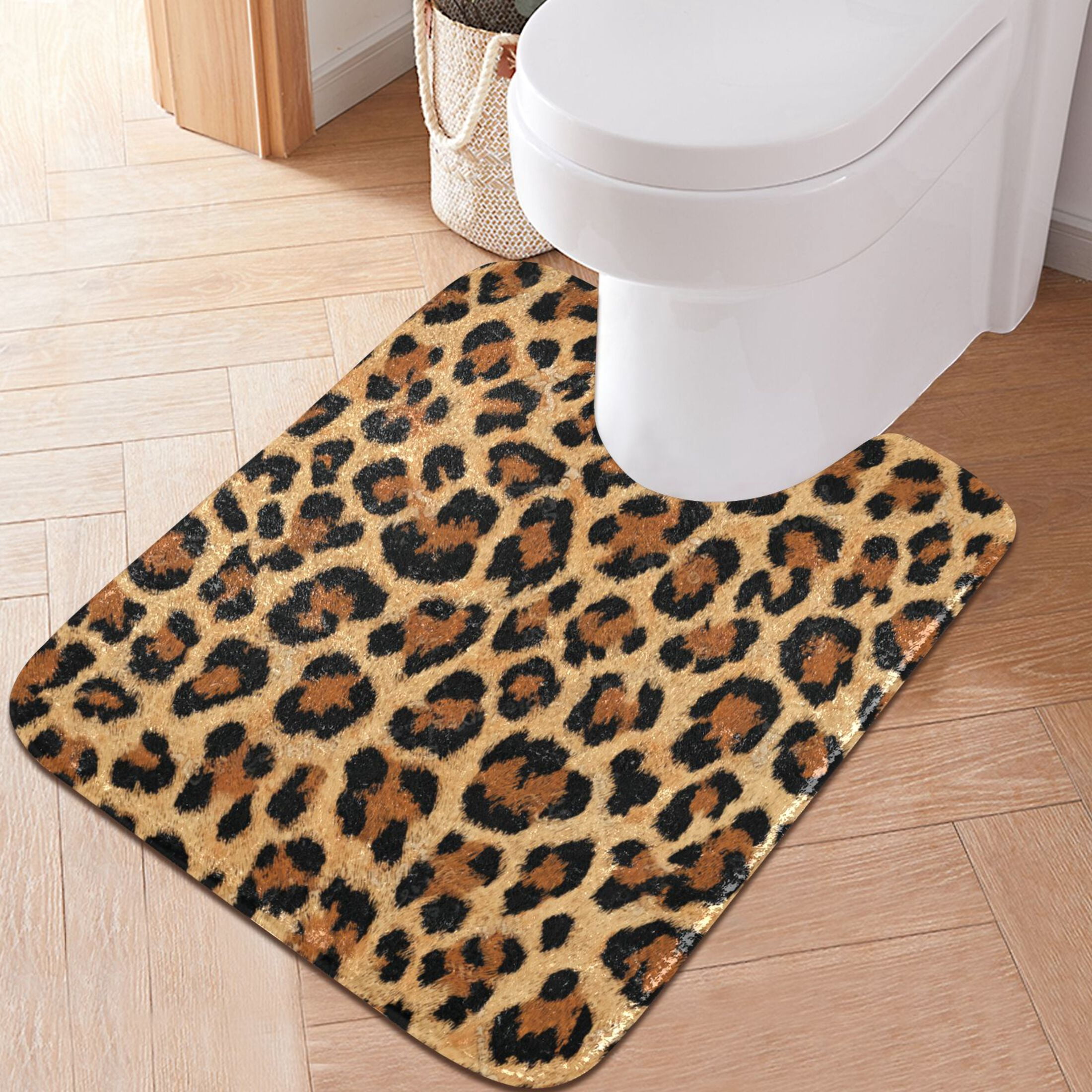 RMDQTR 2PCs Bathroom Rugs Set Plush Toilet Base Mat 16" × 24" Bath Mat and 20" × 24" U Shape Soft Rugs Non Slip Absorbent Wild Amber Cheetah