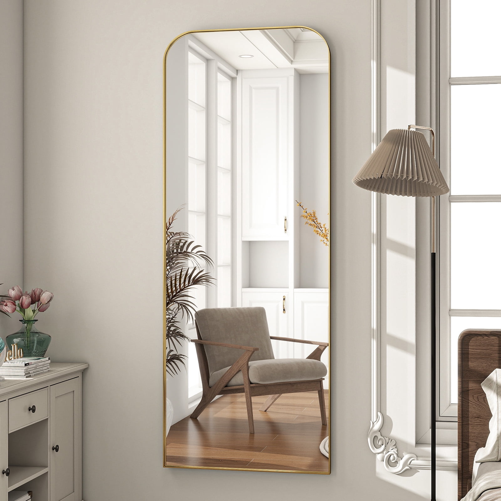 Puremirror 64"x21" Arched Floor Mirror Full Body Standing Mirror with Metal Frame, Gold