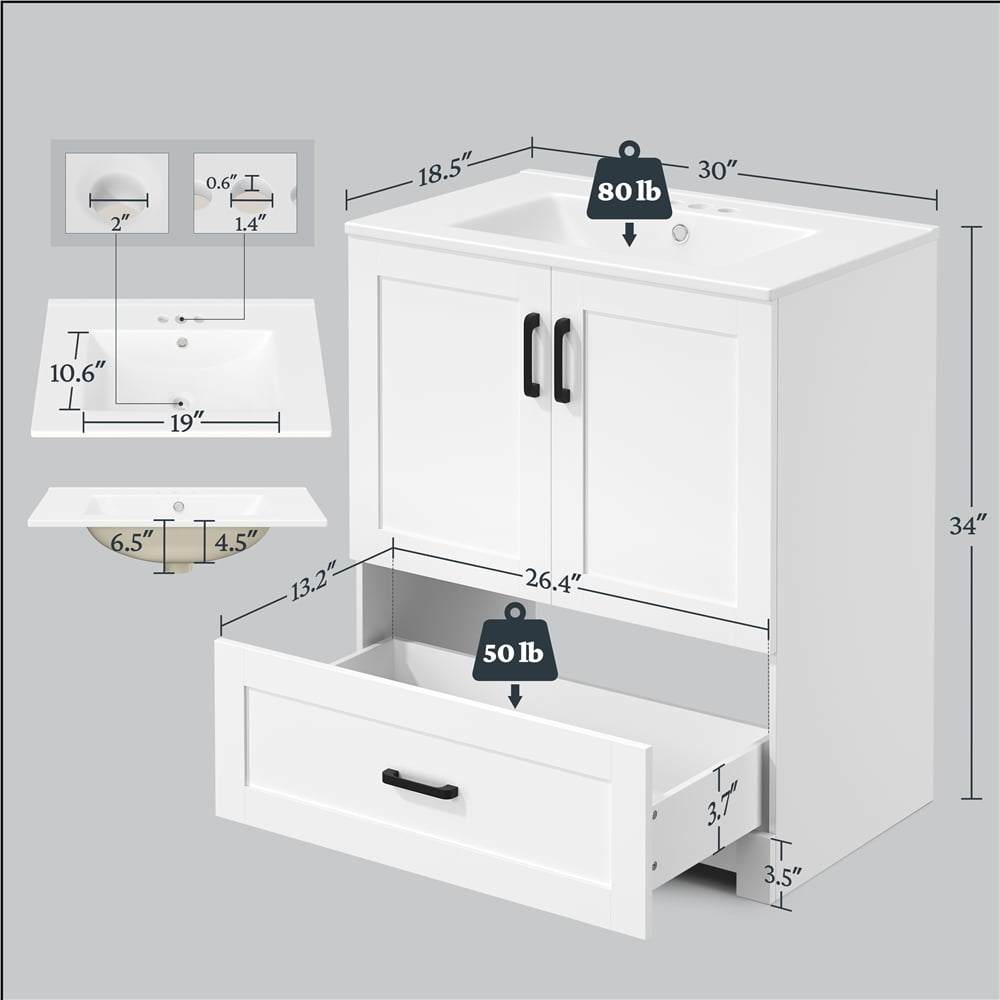 Yaheetech 34" Tall Modern Freestanding Bathroom Vanity with Ceramic Basin, White