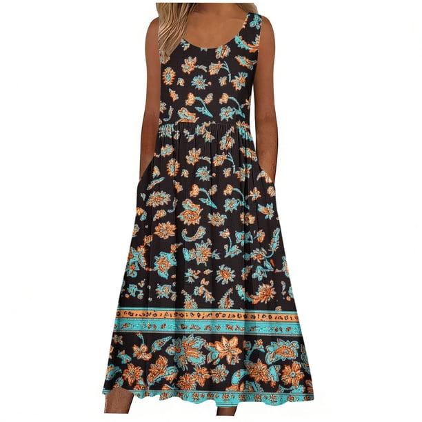 Bajo Vestido Pantalones Cortos Mujeres Casual Cuello Redondo Impresión Bolsillos sin Mangas Vestido Vestido Corto para Mujeres Verano