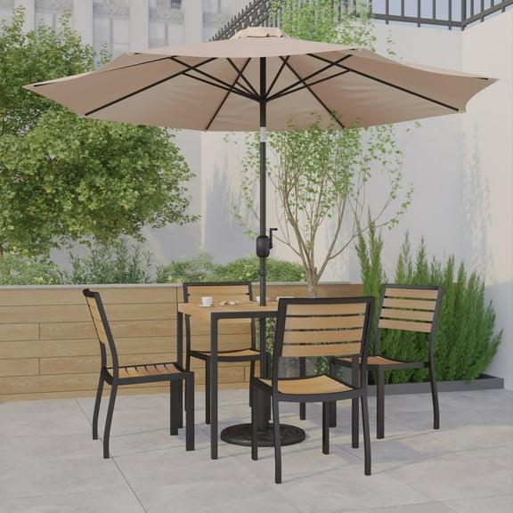 Emma   Oliver 7 Piece Patio Table Set - 4 Synthetic Faux Teak Stackable Chairs - 35" Square Faux Teak Table - Tan Umbrella with Base