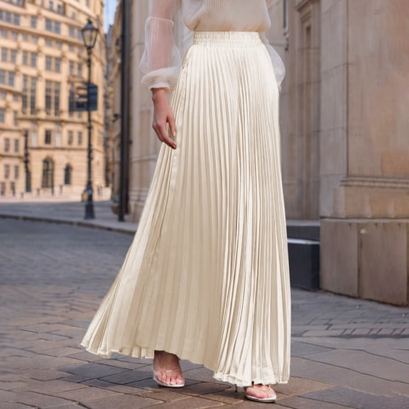 Women's High Waist Satin Maxi Skirt, Elegant Pleated A-Line Long Skirt with Elastic Waistband, Flowy Casual Midi Skirt for Daily Outings, Dates and Holiday Parties Beige L