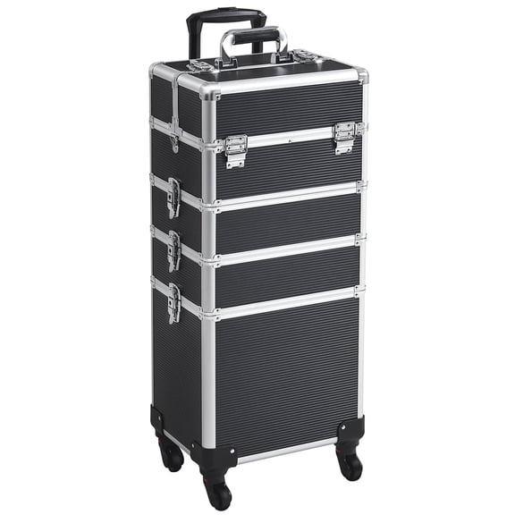 Yaheetech 5-in-1 Cosmetic Makeup Train Case with Wheels & Drawers, Black