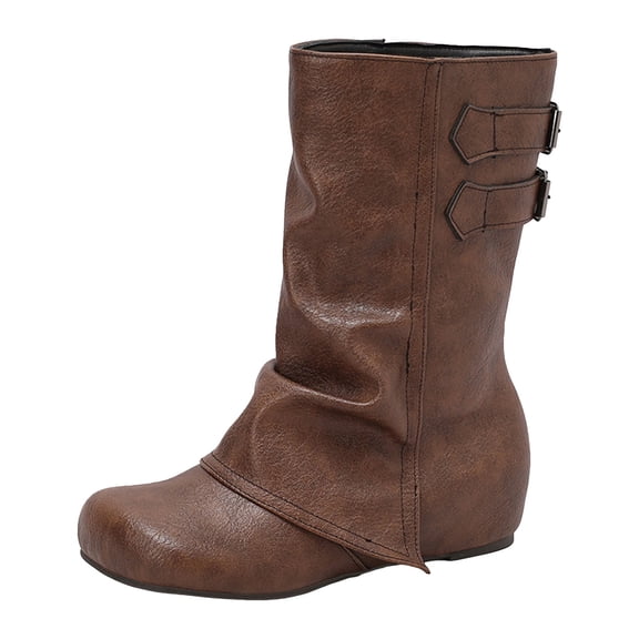 YLYL Women Slouchy Mid Calf Boots Fold over Wide Calf Flat Low Heel Pull on Riding Boots with Buckle Strap