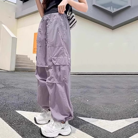 SNKSDGM Back-to-School Girls Cargo Pants High Waisted Wide Leg Casual Trousers with Pockets Trendy Streetwear for Kids Outdoor Hiking Comfortable