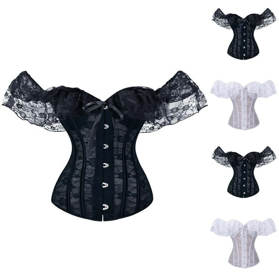 Feancey Push Up Bustier Tops for Women Lace Off Shoulder Corsets Halloween Vintage Tie Back Waist Cincher Shaperwear Going Out Top White XXL