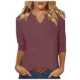 thumbnail image 2 of T-shirts pour Femmes Couleur Unie Décontracté Bouton Manches Trois-Quarts Haut Court T-Shirt Femmes Chemises Marron TG, 2 of 4