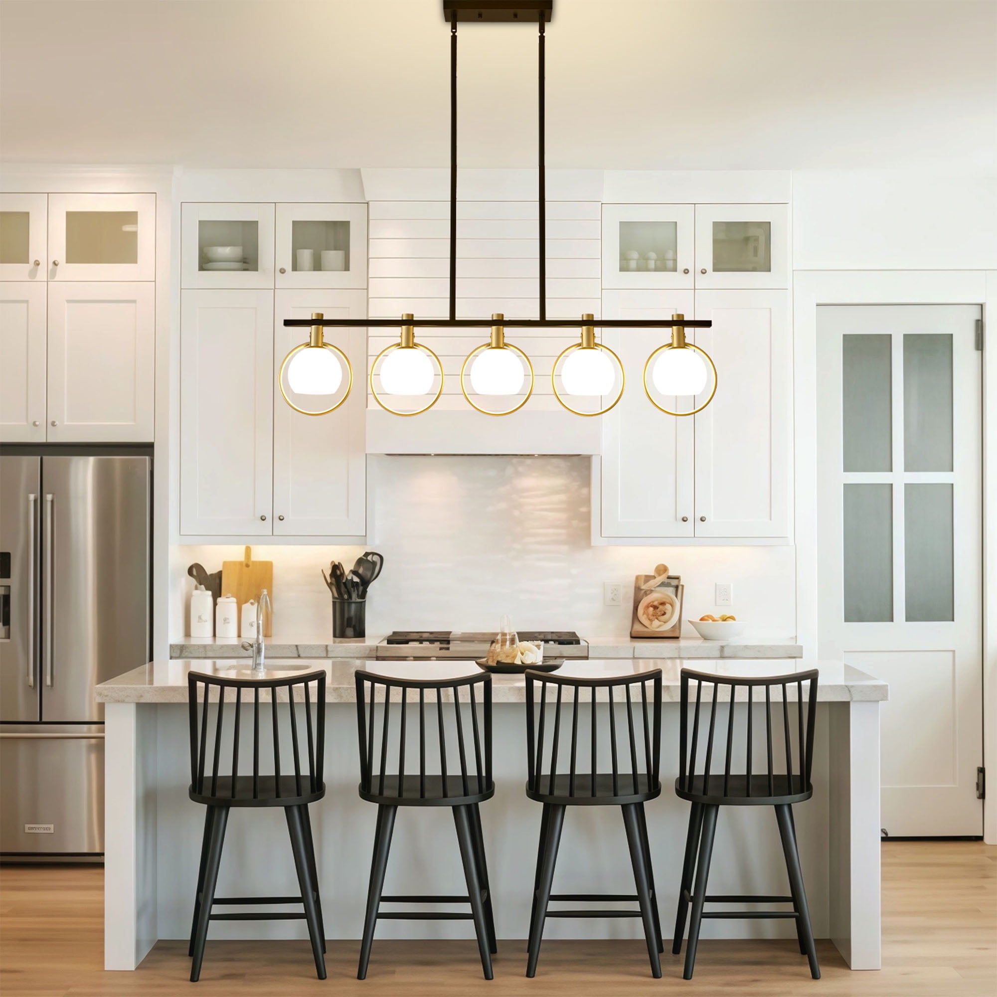 Gold Linear Island Pendant,41"Dining Room Light Fixture Over Table,5-Light Kitchen Island Lighting,Farmhouse Linear Chandelier for Kitchen Dining Room