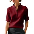 thumbnail image 2 of Delayuji Women's Blouse Stand Collar Contrasting Colors Short Sleeve Shirt Business Casual Outfits Laides Blouse Tshirt Shirt for Women Work Shirt Wine XXL, 2 of 5