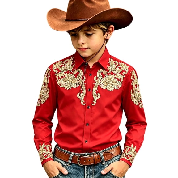 KHONTS Western Cowboys Graphic Printed Shirts for Kids Boys Long Sleeve Button down Stylish Tops,Size 4-13 Years Red 170