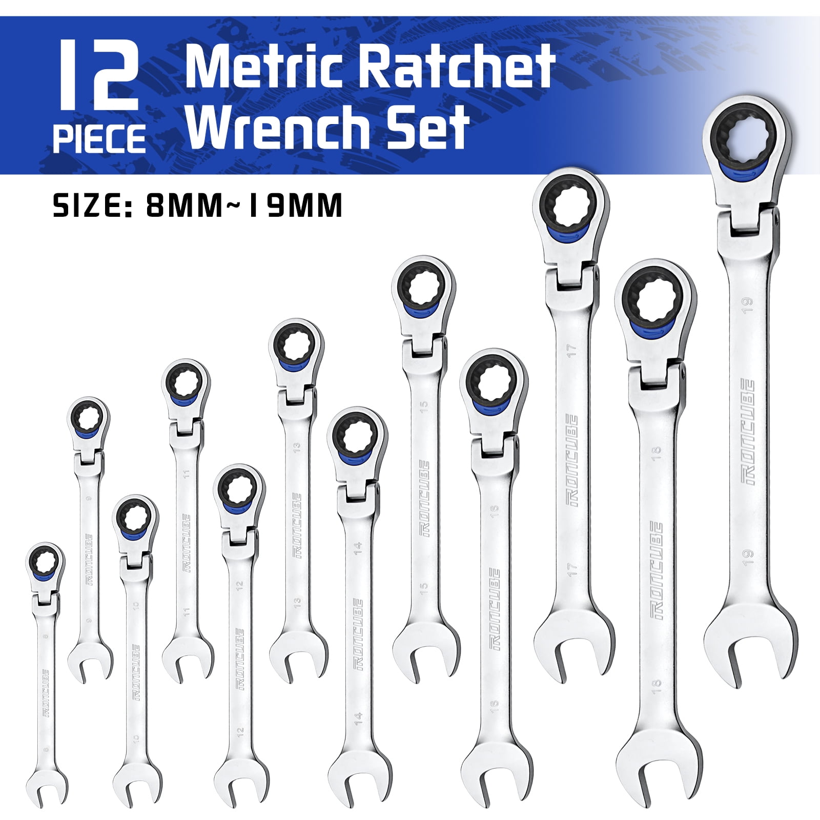 LOSCHEN】Metric Open Flex-Head Ratcheting Wrench Combination Wrench 12 Pcs  /set 8-19mm, Metric Ratcheting Spanner with 72 Teeth, Chrome Vanadium 