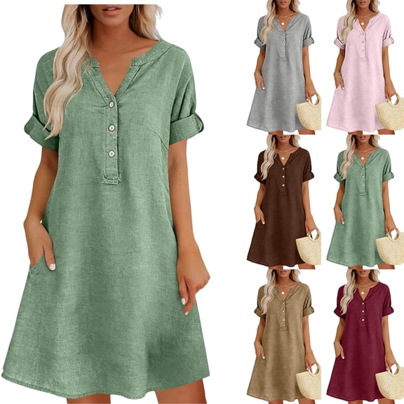 2026 Summer Womens Dress Cotton Linen V-Neck Pockets Solid Half Sleeve Knee-Length Dress