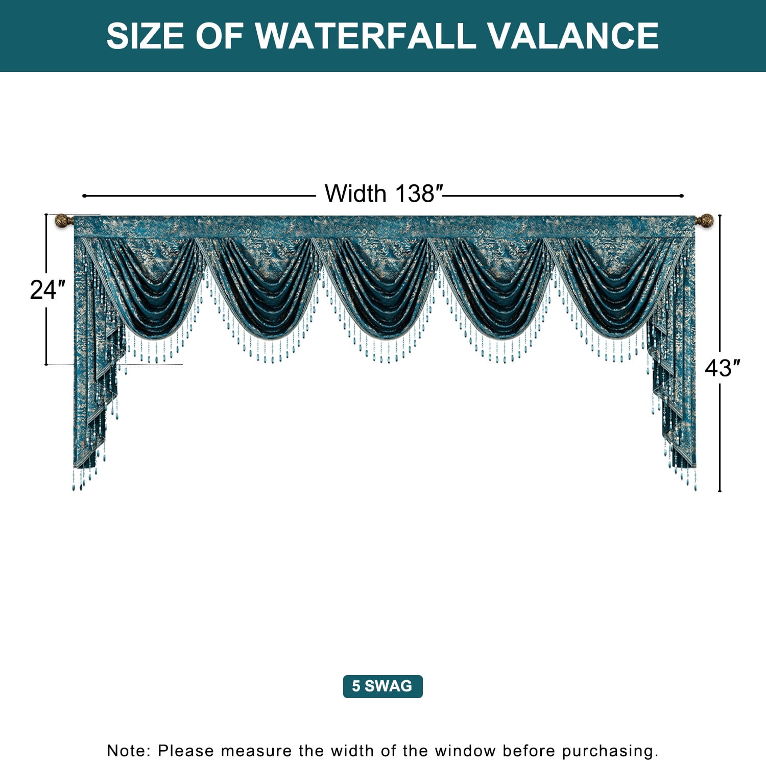 VOGOL Thick Velvet Waterfall Valance, Rod Pocket Swag Curtain with Vintage Tassel, Elegant Line Print Curtain for Living Room Bedroom Décor, 43 x 138 Inches, 1 Piece, Lake Blue