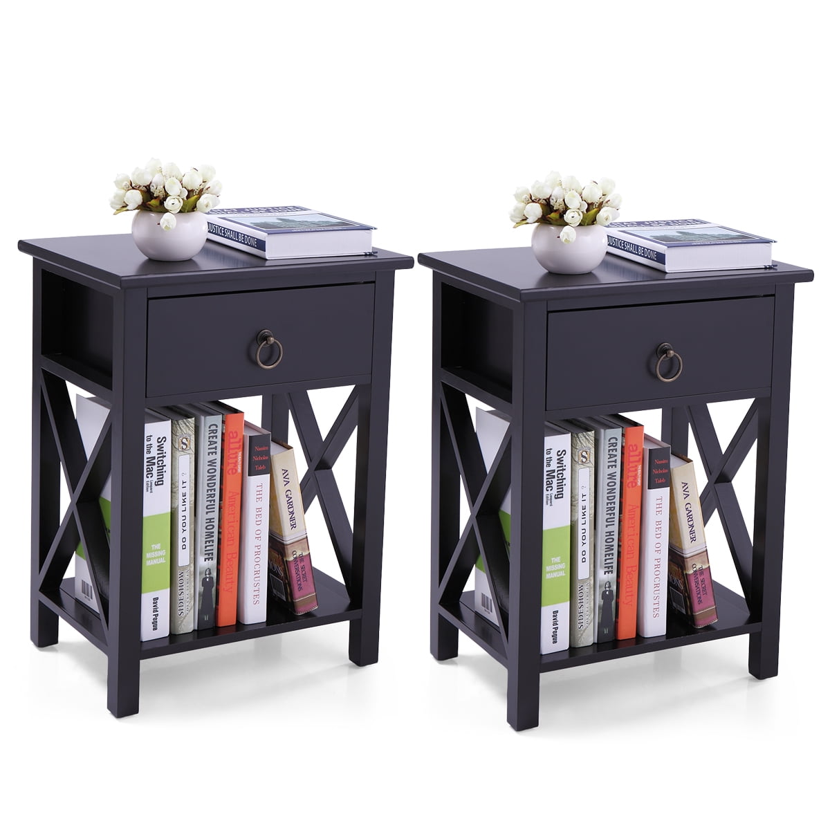 Kepooman Wooden X-Design Modern Side End Table Storage Shelf with Bin Drawer, (2, Black) Kepooman Wooden X-Design Modern Side End Table Storage Shelf with Bin Drawer, (2, Black)
