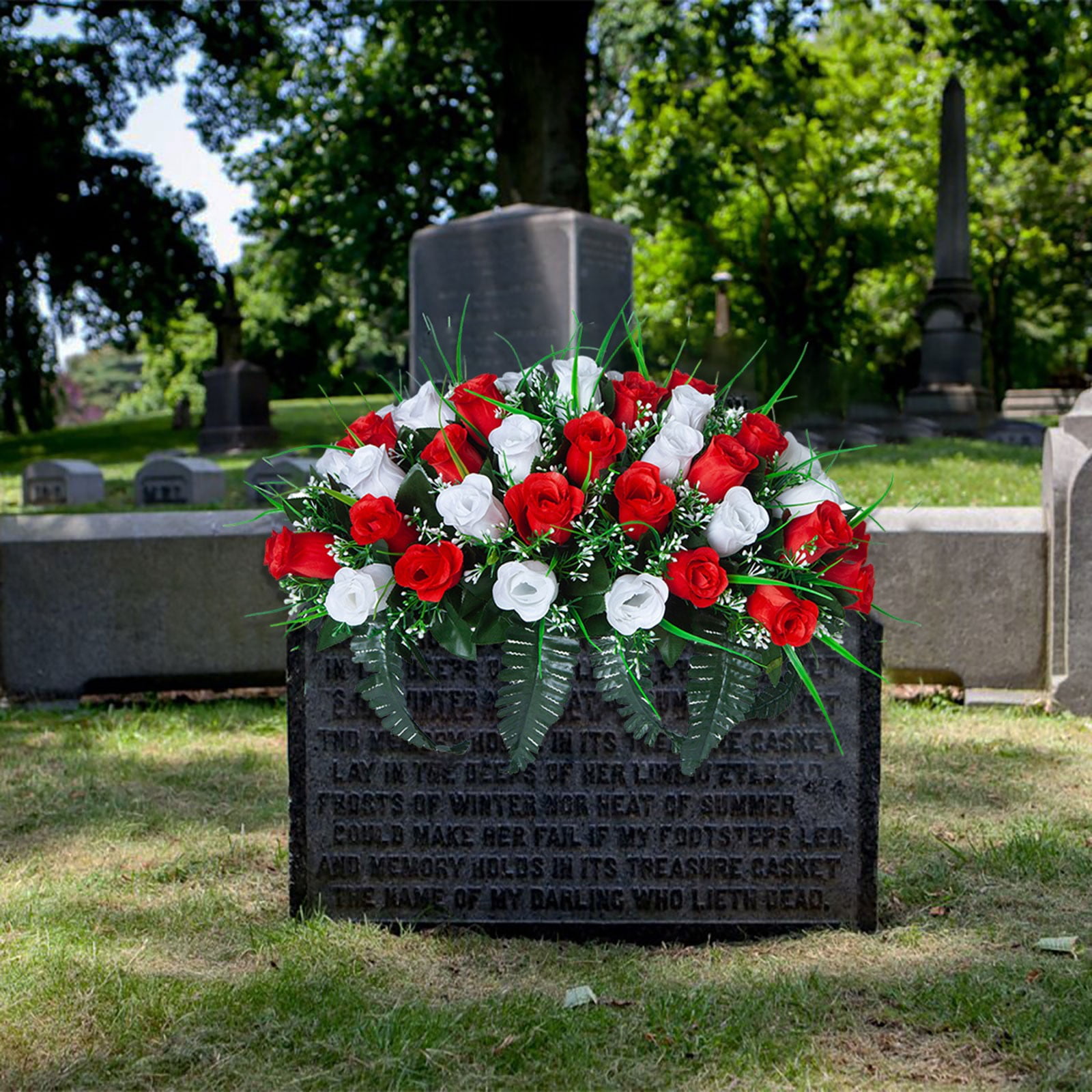 Outdoor Memorial Grave Saddle - Red & White Silk Rose Headstone Decoration, All-Weather Artificial Flowers for Cemetery & Gravesite