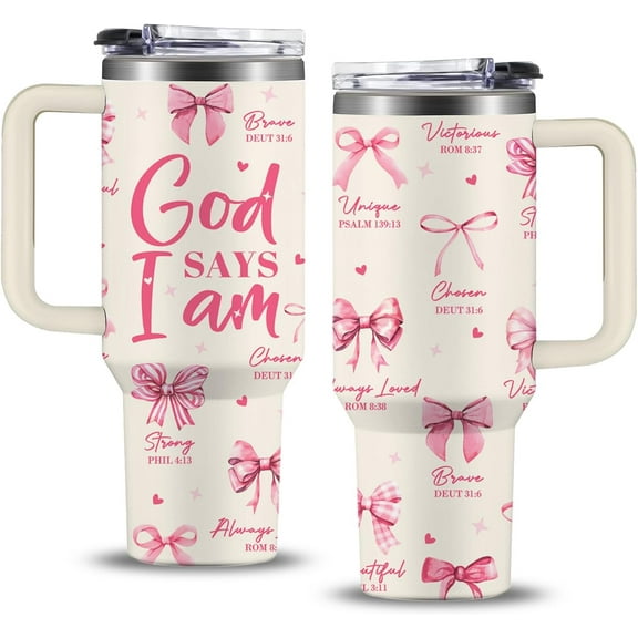 Christian Gifts for Women, 40 oz God Says You Are Pink Tumbler with Handle, Inspirational Religious Birthday Gifts, Spiritual Catholic Faith Jesus Bible God Prayer Gift for Pink Bow Christian Cup