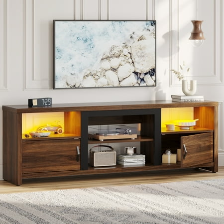 Bestier Modern LED TV Stand for Up to 85 Inch TV with Open Cubes and Cabinets Walnut