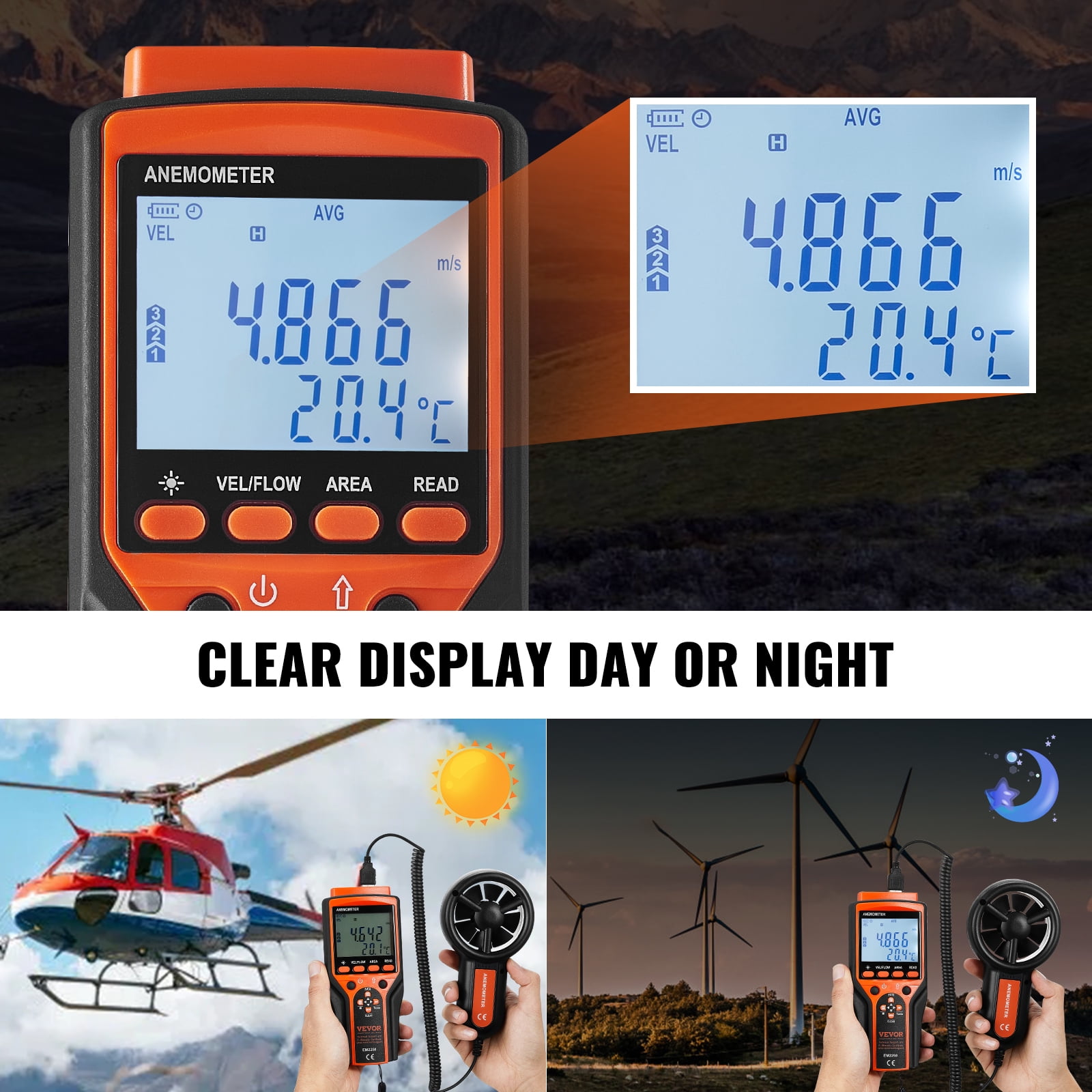 SKYSHALO Split Handheld Anemometer Digital Wind Speed CFM Meter Gauge 14-140???with LED