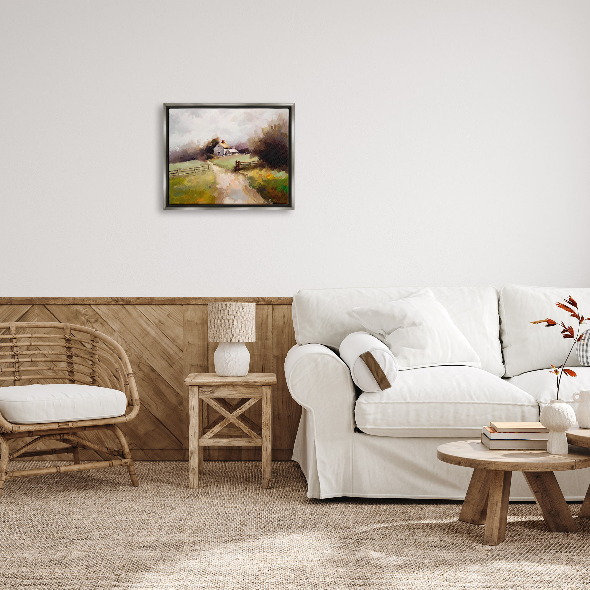 Stupell Industries Country Barn with Fence Landscape Painting Gray Floater Framed Canvas Art Print Wall Art, 21 x 17