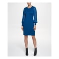 thumbnail image 1 of DKNY Womens Teal Stretch Ribbed Sheer Unlined Blouson Sleeve Crew Neck Knee Length Wear To Work Sheath Dress M, 1 of 6