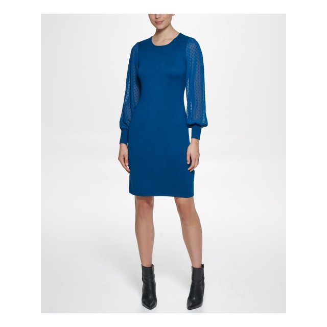 DKNY Womens Teal Stretch Ribbed Sheer Unlined Blouson Sleeve Crew Neck Knee Length Wear To Work Sheath Dress M