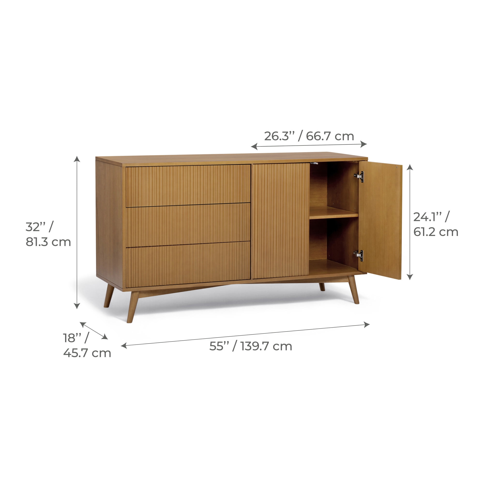 Tremolo 3-Drawer 2-Door Wood Sideboard Cabinet, Natural – Teamson Home: Push-Open Storage & Contemporary Fluted Fronts for Living or Dining Room