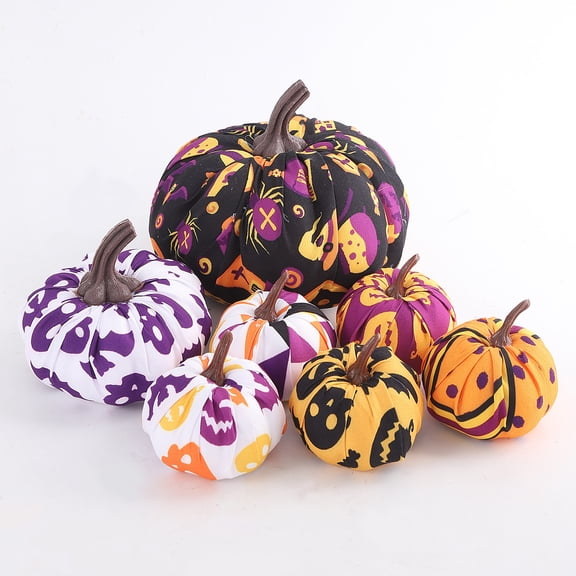Halloween Fabric Wrapped Artificial Pumpkin Decor Set, 7-Piece Cloth Pumpkin Ornaments for Tabletop, Porch, Mantel, Flower Arrangement, and Party Decoration