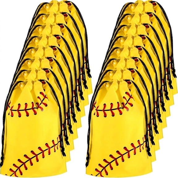 60 Pack 6x8 Inch Yellow Baseball Print Plastic Drawstring Goodie Bags Sports Birthday Party Favor Storage Bags