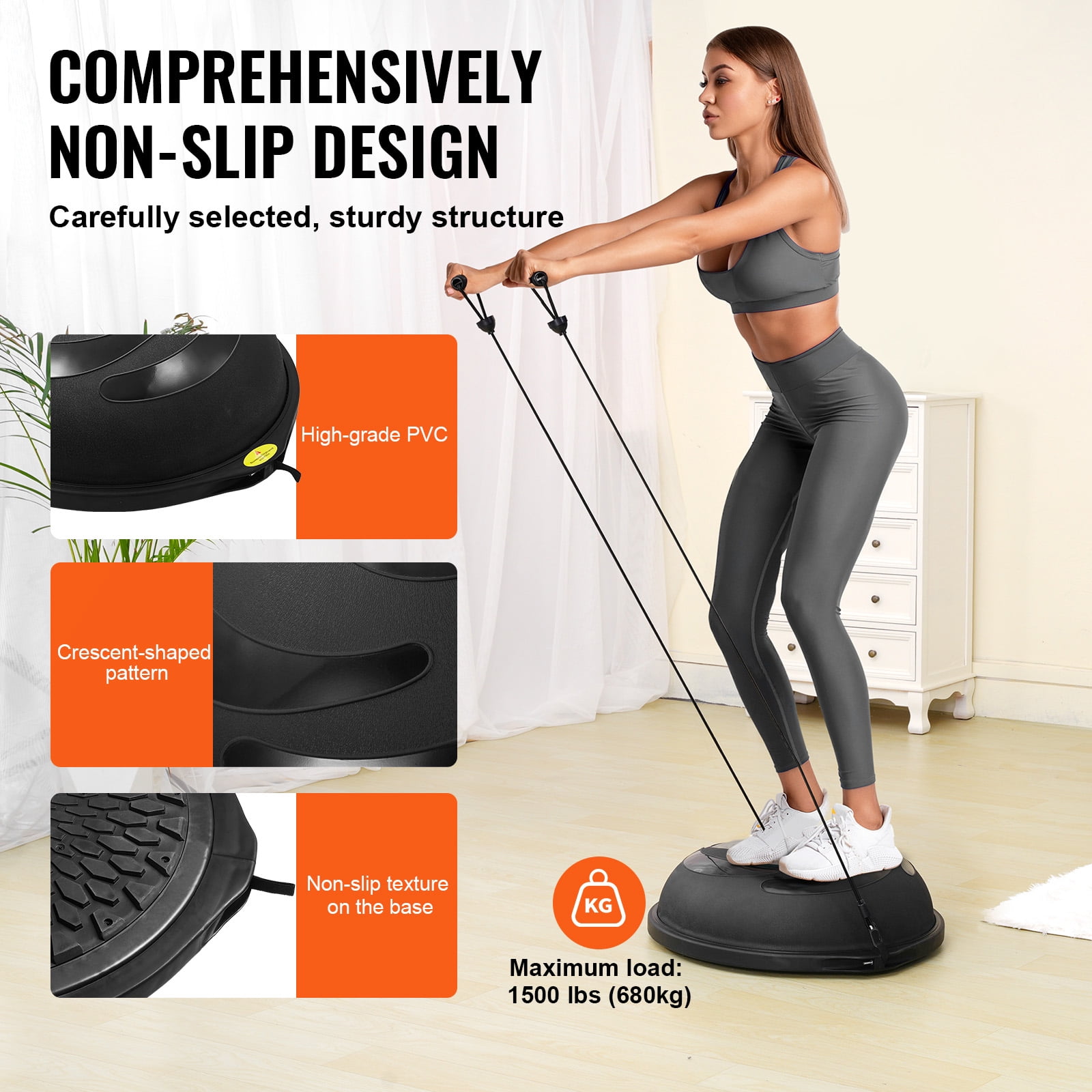 KFFKFF Half Workout Sphere, 26-inch Equilibrium Sphere, 1500lbs Load-Bearing Stability Sphere, Exercise Sphere with Resistance Loops & Foot Inflator, for Domestic Gym Total Body Exercise Black