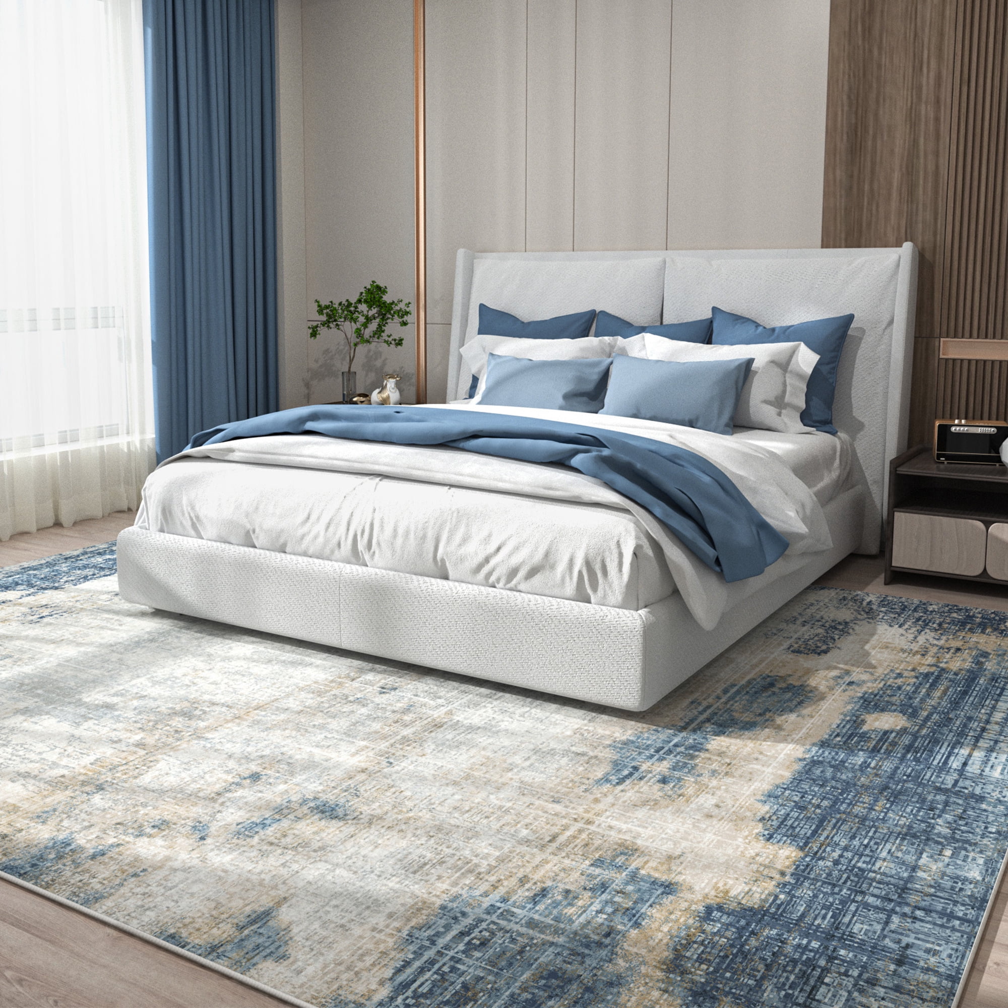 Nefoso 8ft x 10ft Area Rugs, Washable Area Rugs for Living Room Bedroom Home Decor, Non-Slip Carpet, Modern Abstract, Blue & Beige